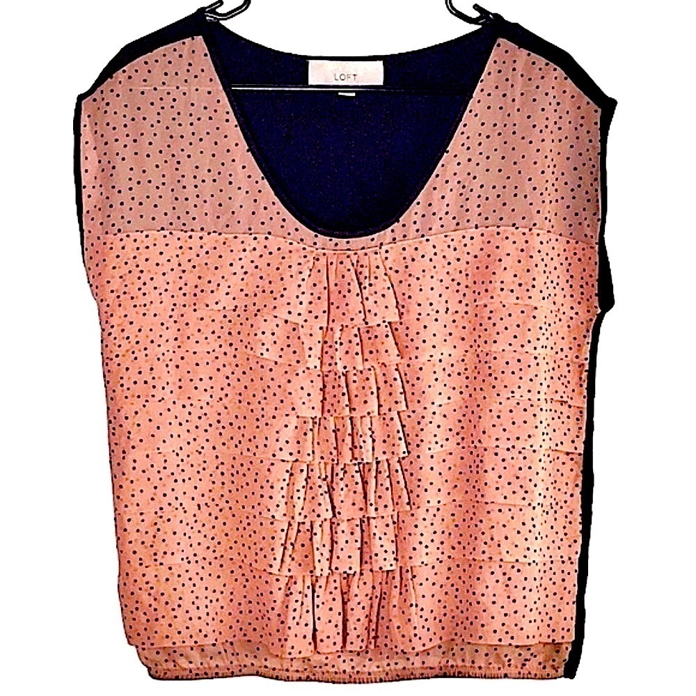 Ann Taylor Loft Top Tiered Ruffle Polka Dot Blouse Dusty Rose Elastic Waist Sz S